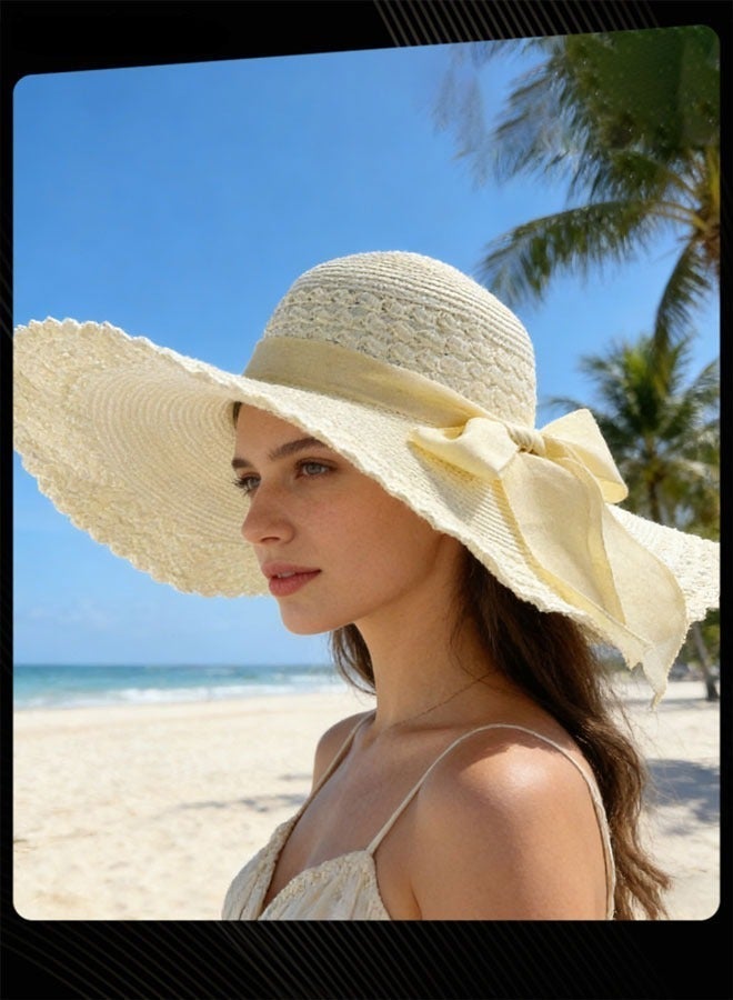 Women Summer Large Brim Sun Protection Bowknot Beachside Hat - Image 1